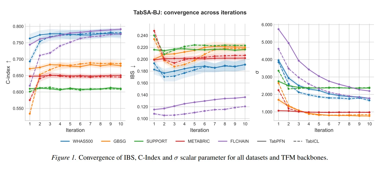 Convergence plots showing the scale parameter sigma stabilizing across iterations while C-index and IBS metrics track its convergence